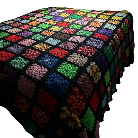 Vintage Gigantic Black Granny Square crocheted blanket 125x136 King + Roseanne